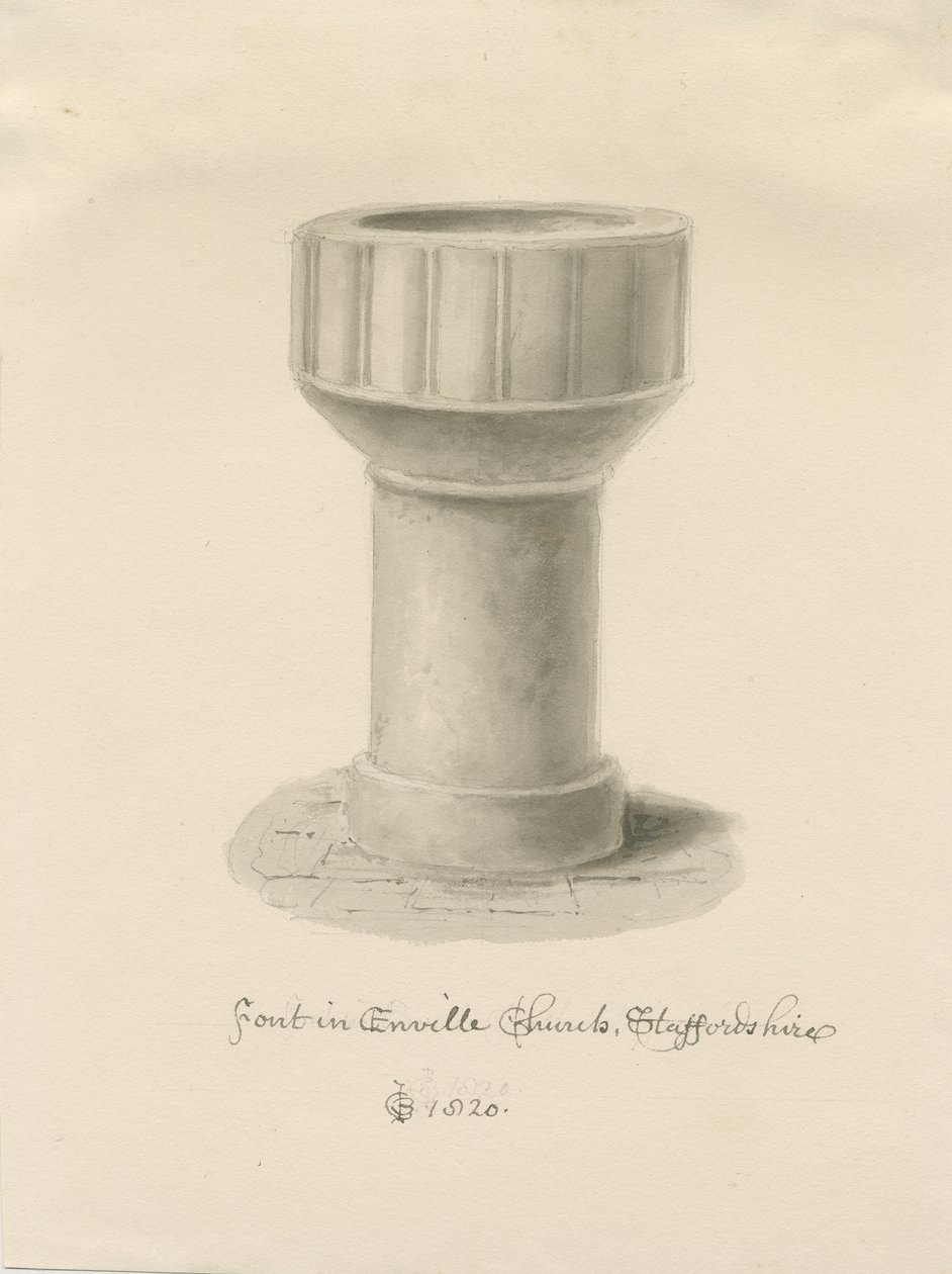 Czcionka w kościele Enville: rysunek w sepii, 1820 autorstwa John Chessell Buckler