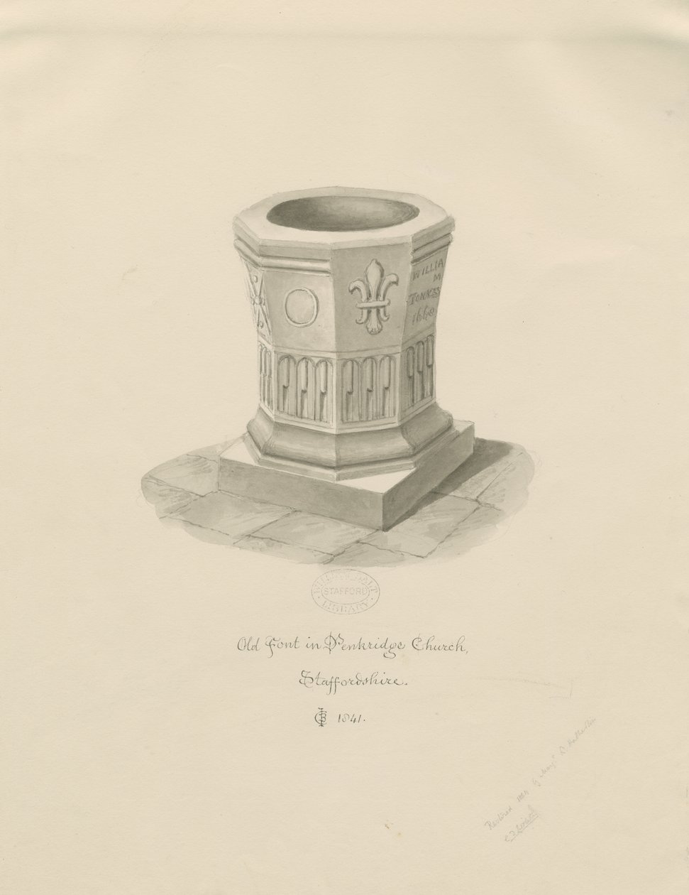 Czcionka w kościele w Penkridge: rysunek w sepii, 1841 autorstwa John Chessell Buckler
