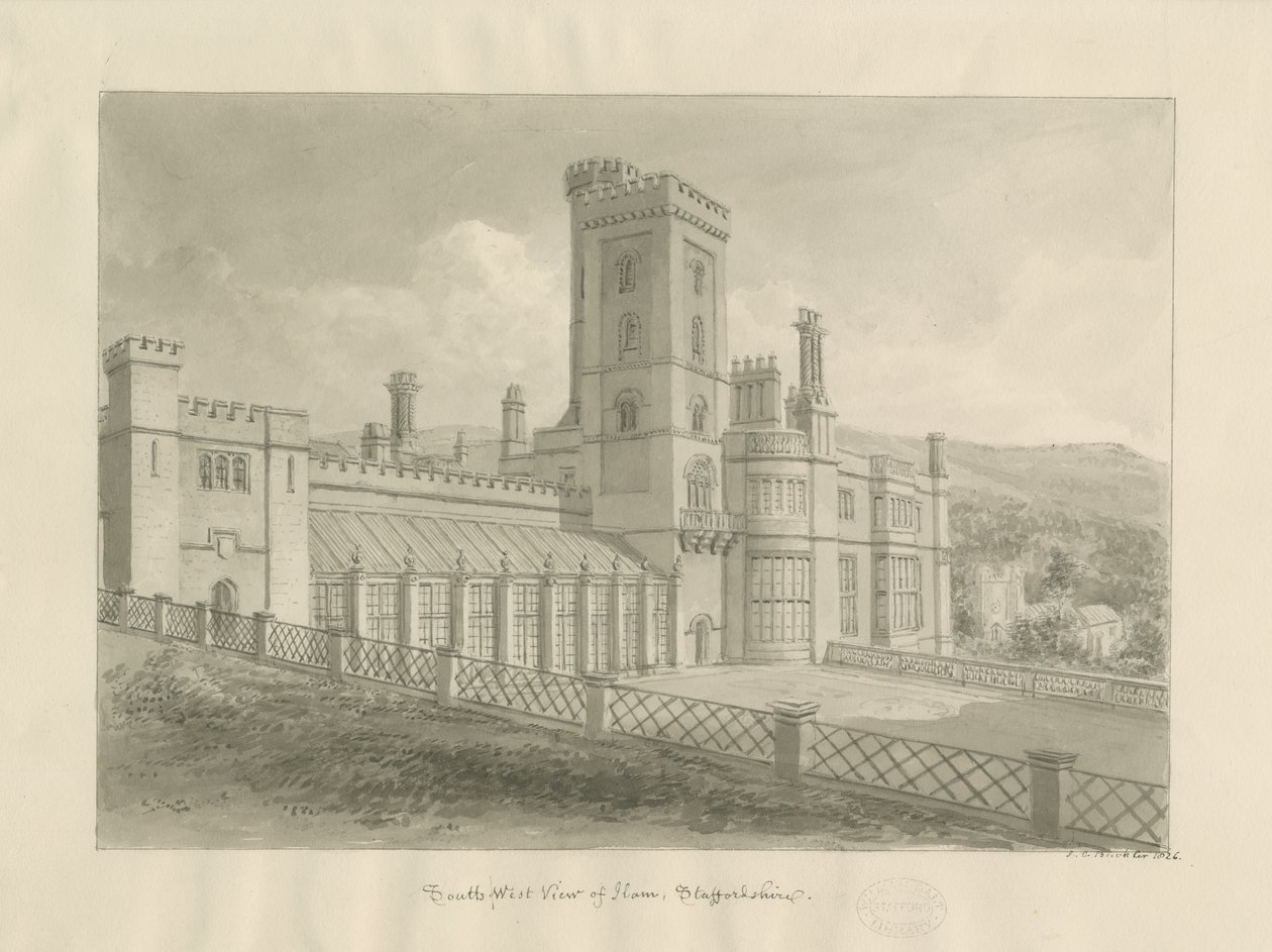 Ilam Hall: rysunek w sepii autorstwa John Chessell Buckler