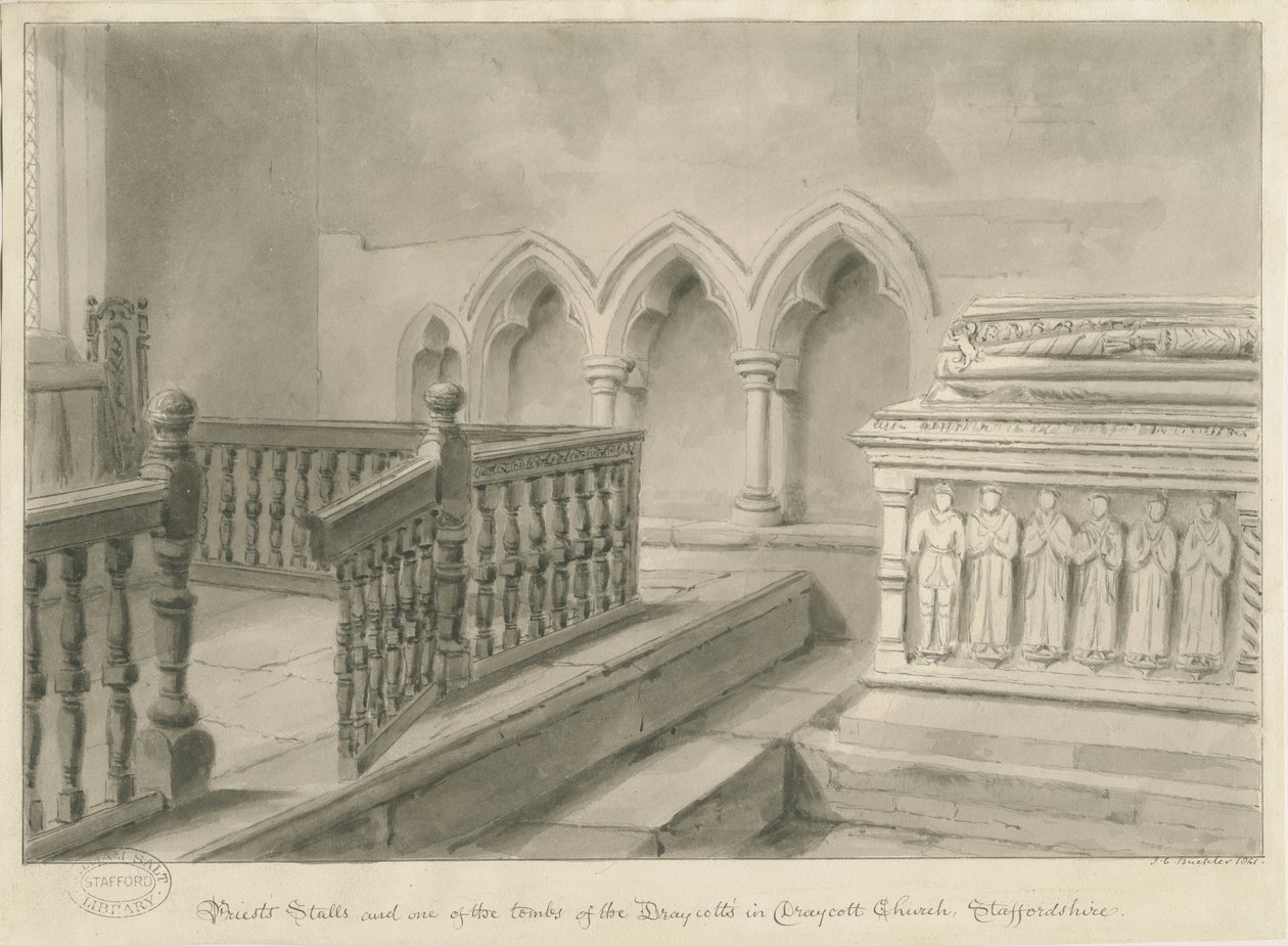 Wnętrze Draycotta w kościele Maurów: rysunek w sepii, 1841 autorstwa John Chessell Buckler