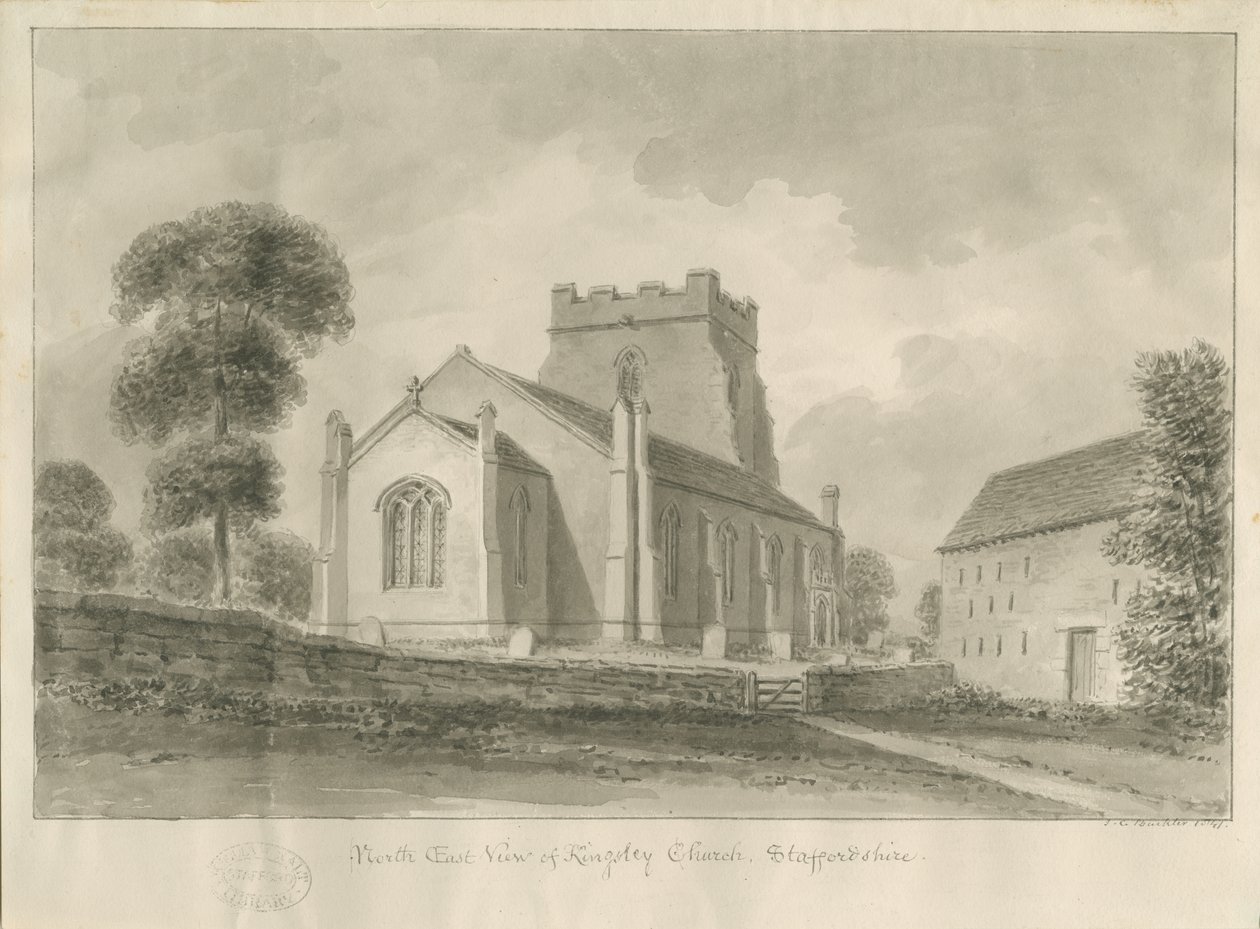 Kingsley Church: rysunek w sepii, 1841 autorstwa John Chessell Buckler
