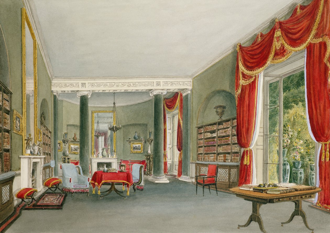 Biblioteka i salon w Bromley Hill, Kent (siedziba prawego honorowego Charlesa Longa) autorstwa John Chessell Buckler