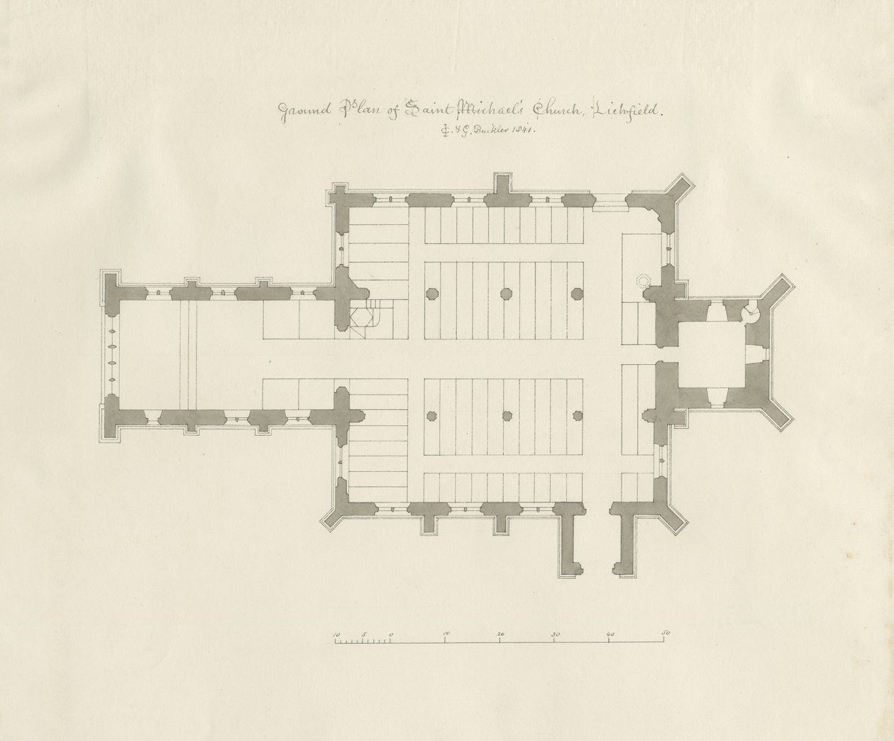 Lichfield - Plan terenu kościoła św. Michała: rysunek piórem i sepią autorstwa John Chessell Buckler