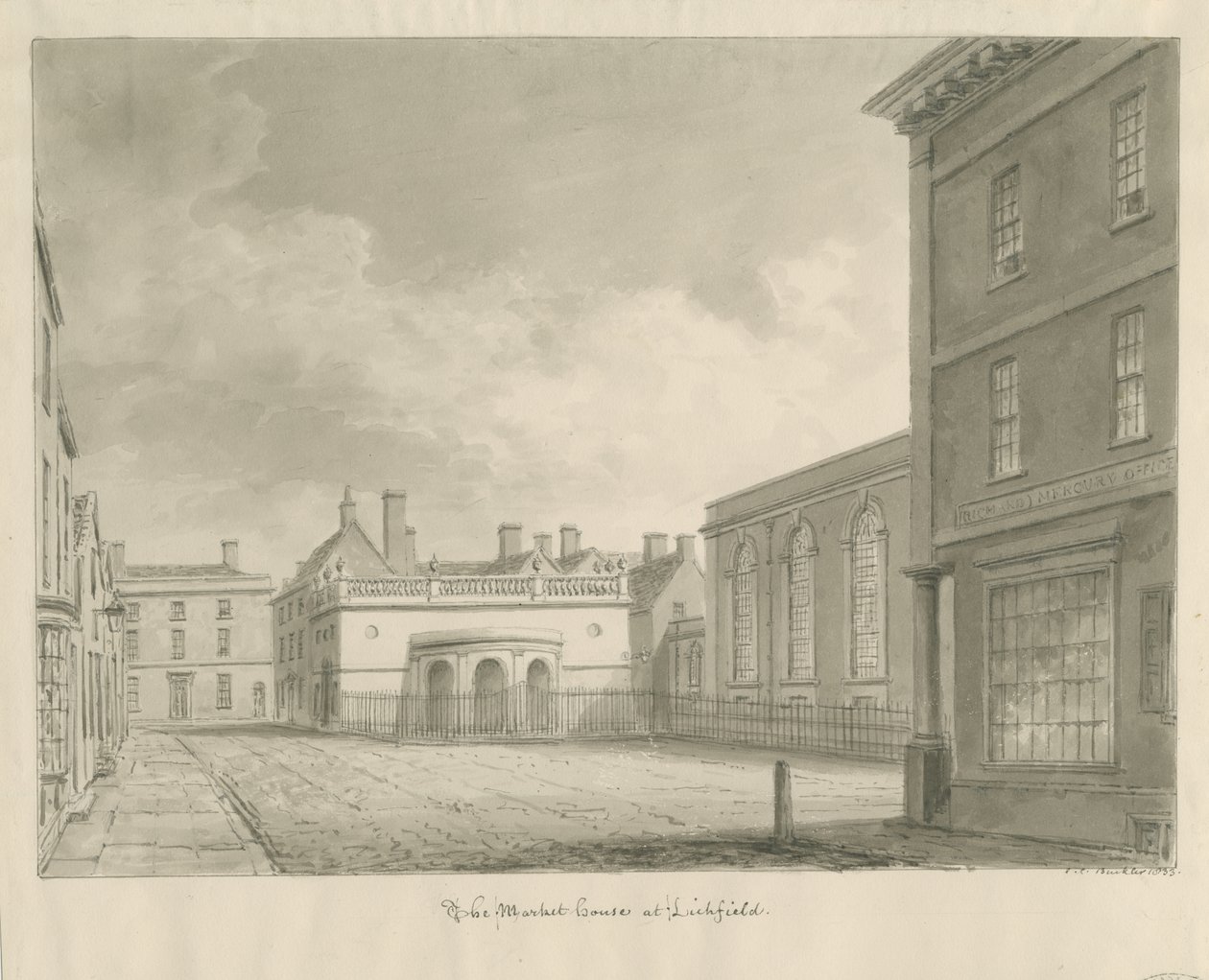 Lichfield - Market House: rysunek w sepii autorstwa John Chessell Buckler