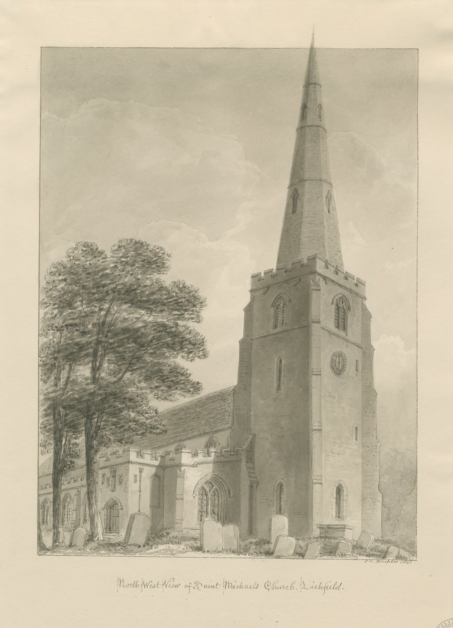 Lichfield - Kościół św. Michała: rysunek w sepii autorstwa John Chessell Buckler