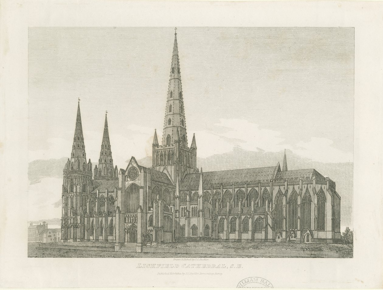 Katedra w Lichfield - widok na południowy wschód: grawerowanie i [ok. 1820] (druk) autorstwa John Chessell Buckler
