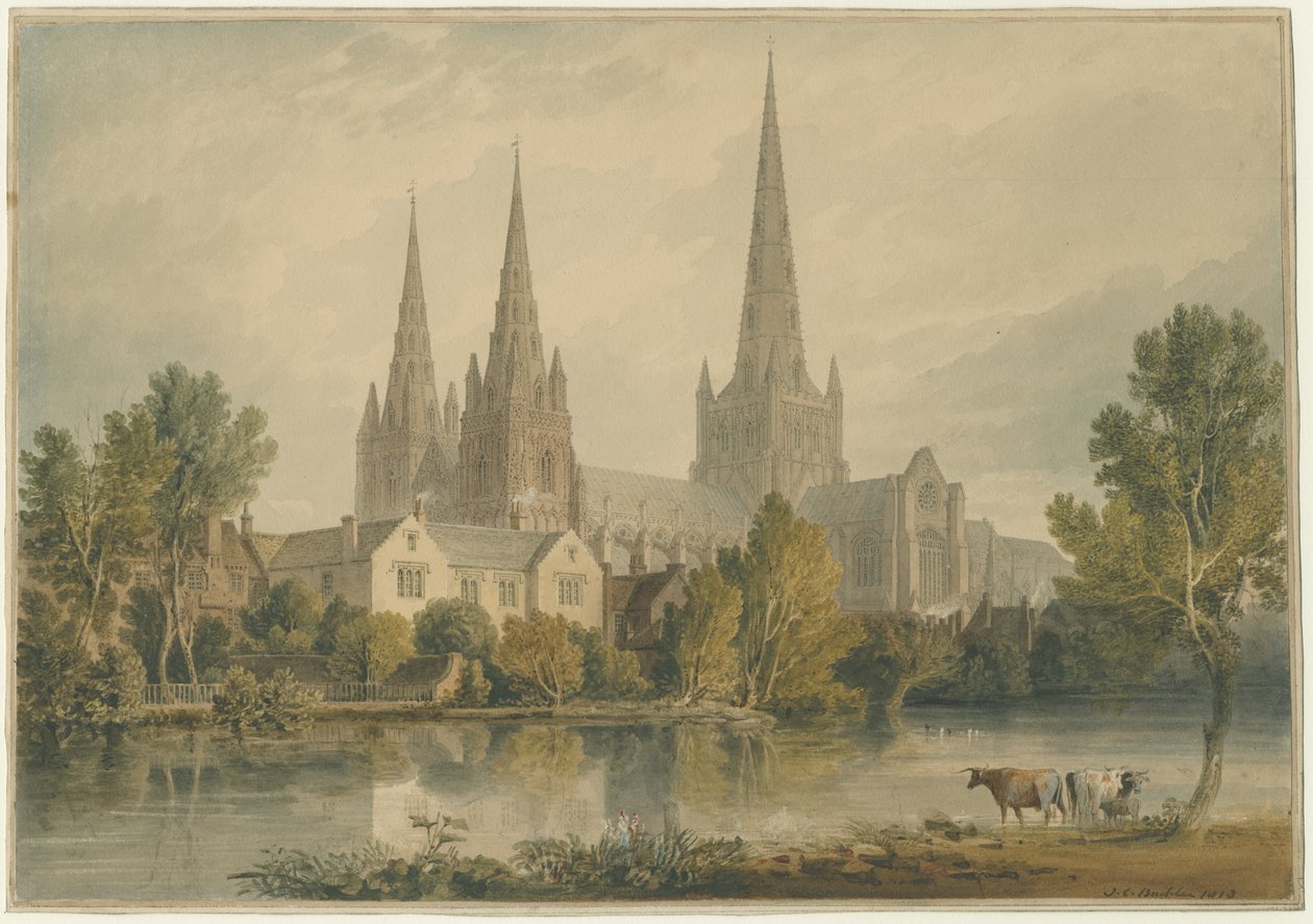 Katedra w Lichfield – południowy zachód Widok: malowanie akwarelami, 1813 autorstwa John Chessell Buckler