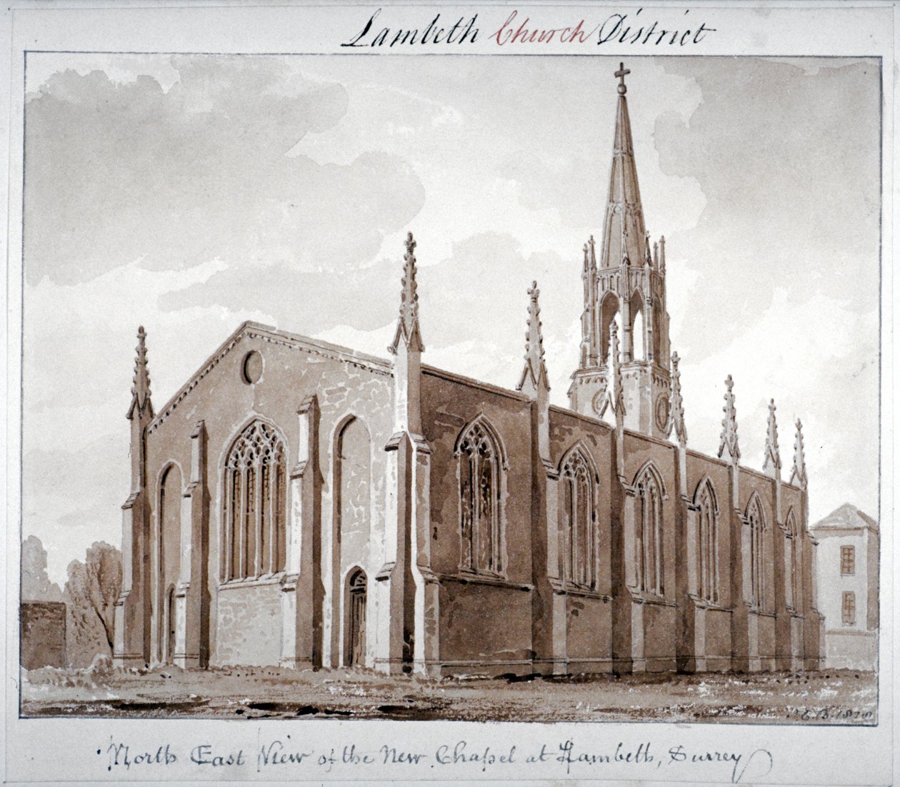Widok północno-wschodni kościół St Mary the Less, Lambeth Butts, Londyn, 1828 autorstwa John Chessell Buckler