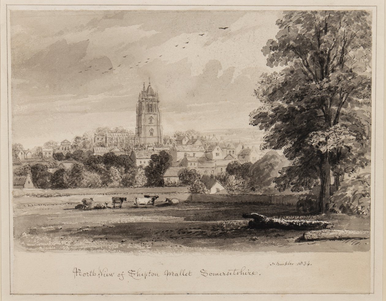 North West View of Shepton Mallet, Somersetshire, 1834 (pióro, pędzel i atrament na papierze) autorstwa John Chessell Buckler