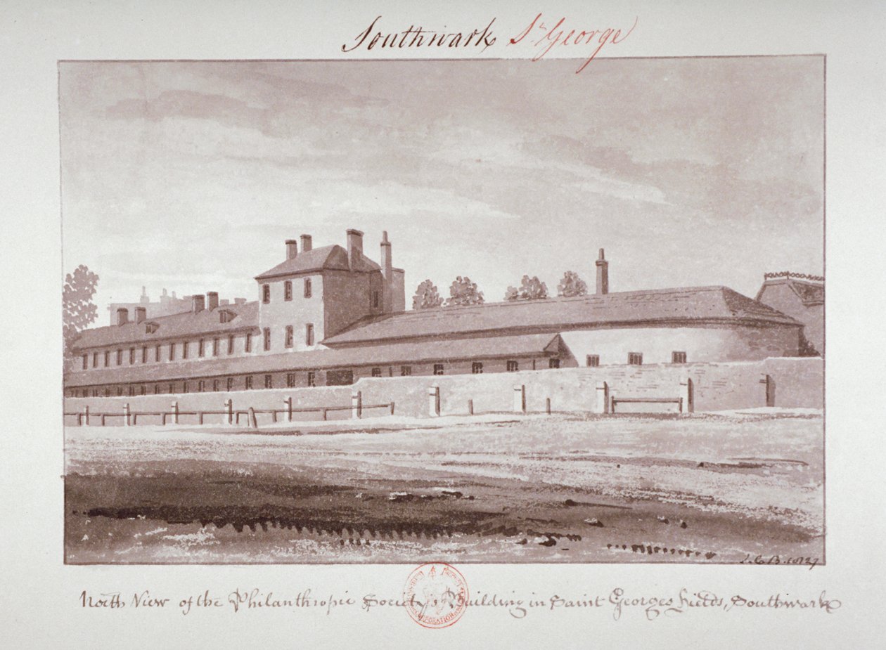 Widok północny Instytutu Towarzystwa Filantropijnego przy London Road, Southwark, Londyn, 1827 autorstwa John Chessell Buckler