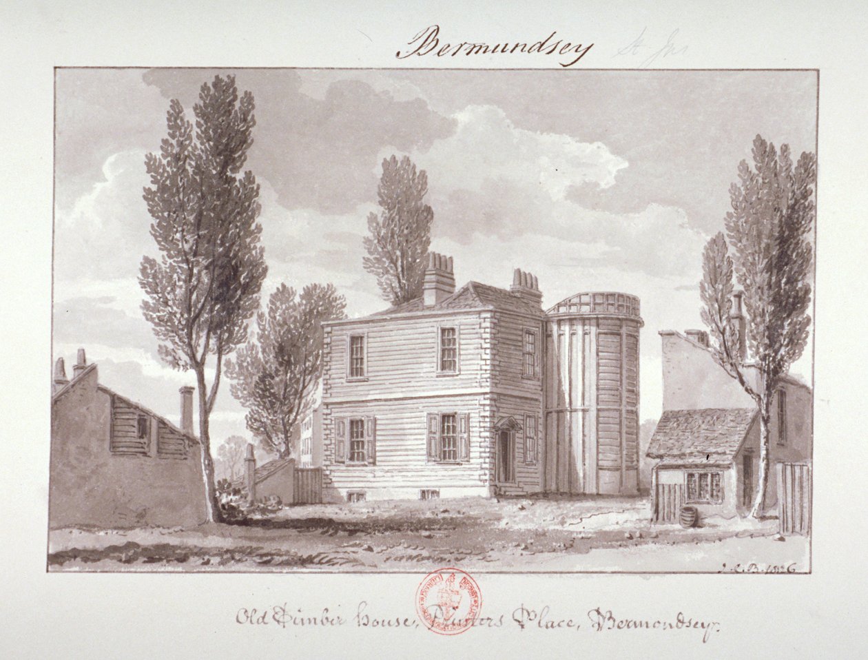 „Old Printers House, Printers Place, Bermondsey”, Londyn, 1826 r. autorstwa John Chessell Buckler