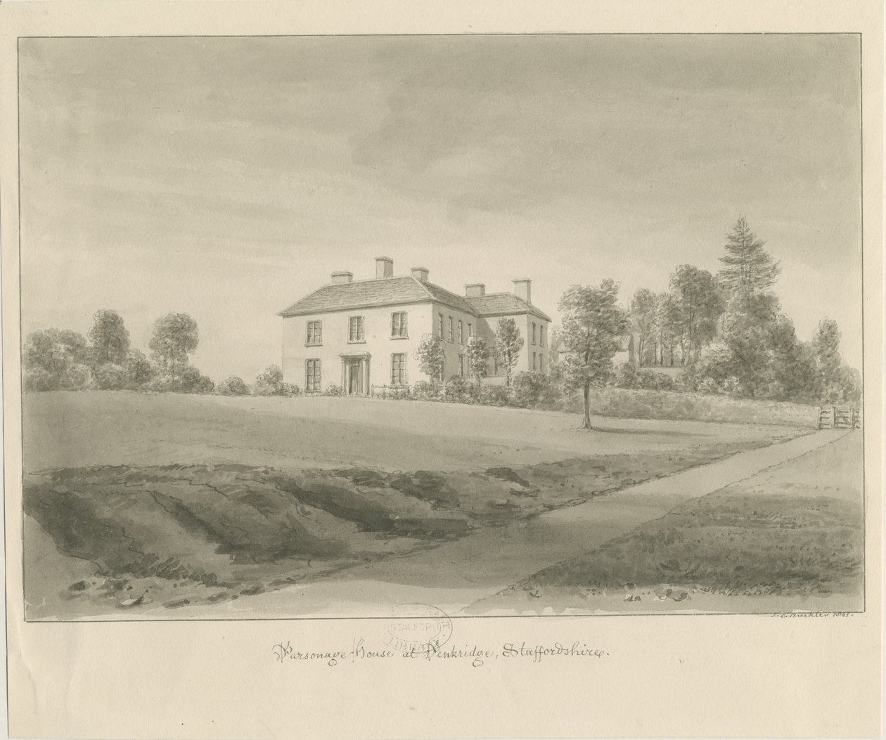 Penkridge - Parsonage House: rysunek w sepii autorstwa John Chessell Buckler