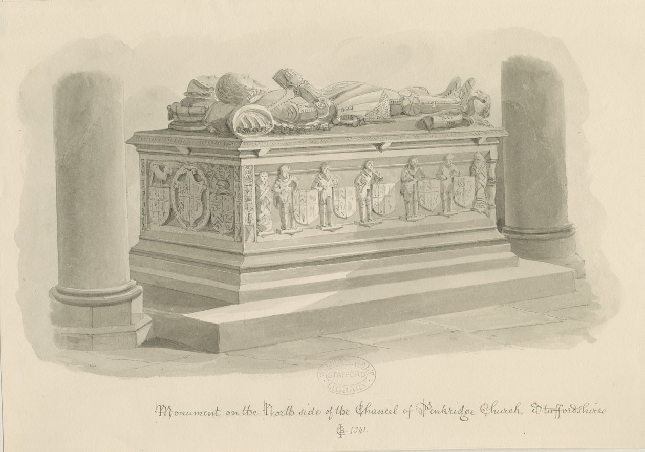 Penkridge Church - Grób [Sir Edward Littleton]: rysunek w sepii autorstwa John Chessell Buckler