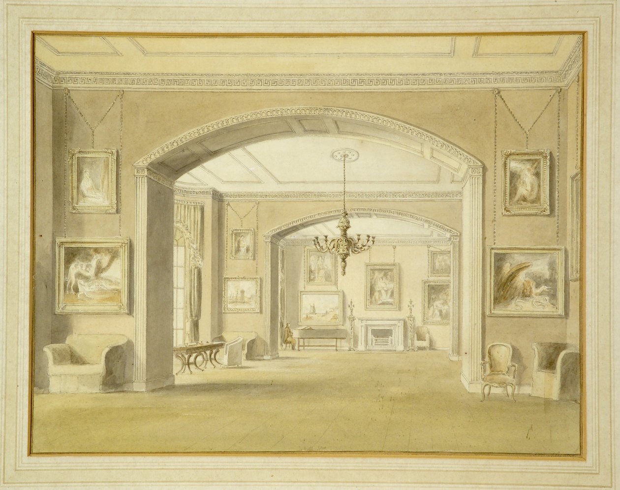 Galeria obrazów w Tabley House, 1809 (wc nad ołówkiem na papierze) autorstwa John Chessell Buckler