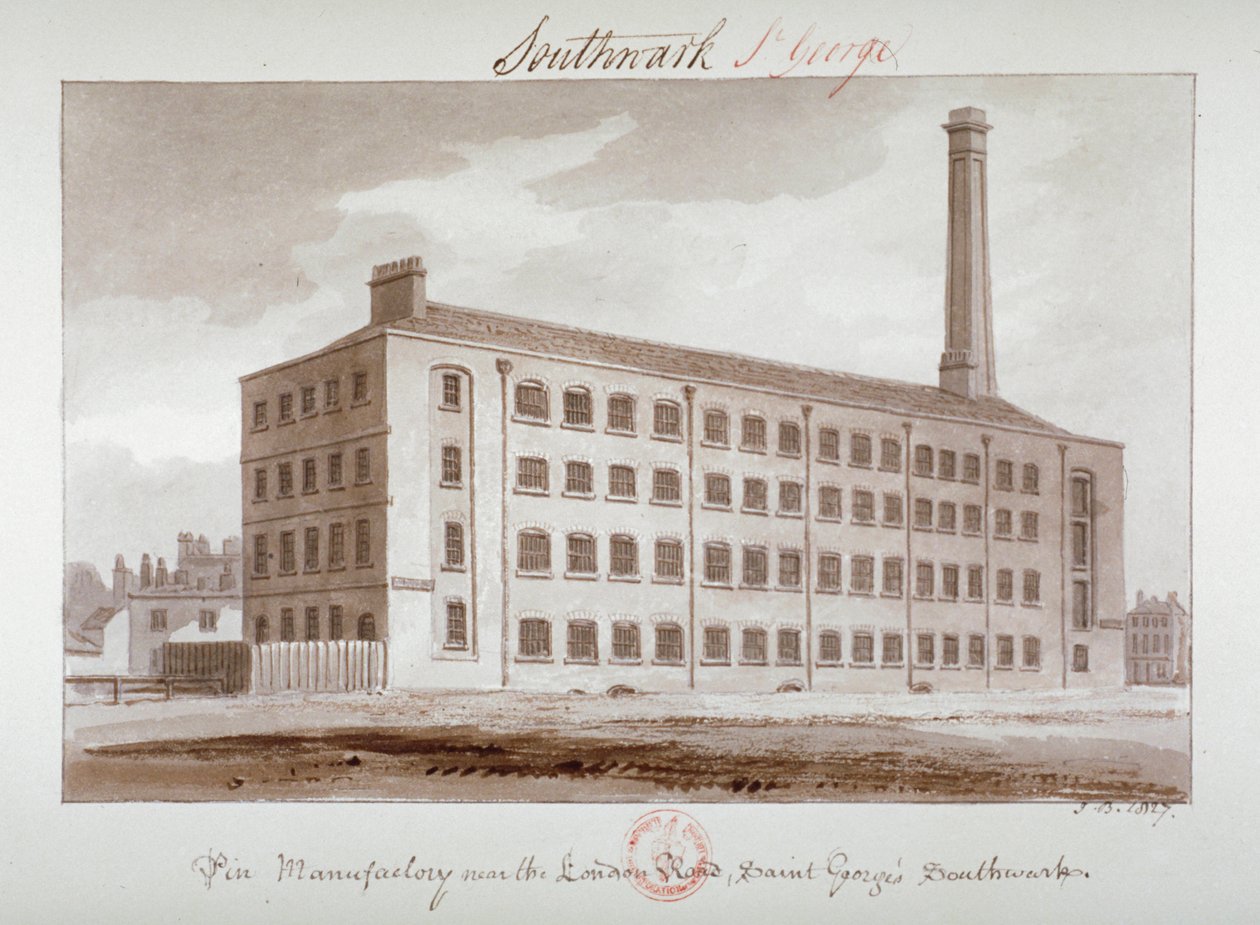 Manufaktura szpilek w pobliżu London Road, Southwark, Londyn, 1827 autorstwa John Chessell Buckler