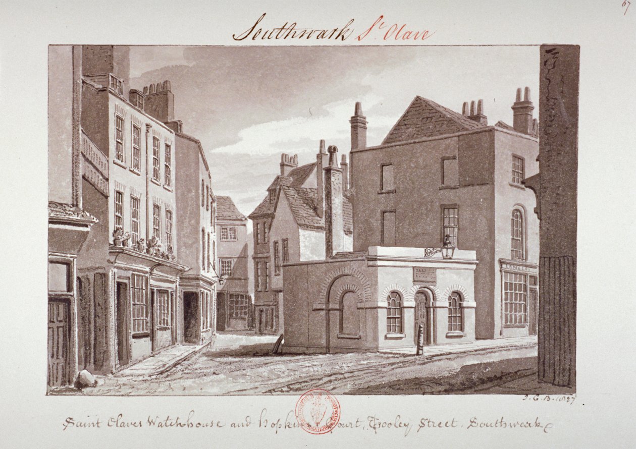 „Strażnica św. Olafa i dwór Hopkina w pobliżu Tooley Street, Southwark”, Londyn, 1827 autorstwa John Chessell Buckler