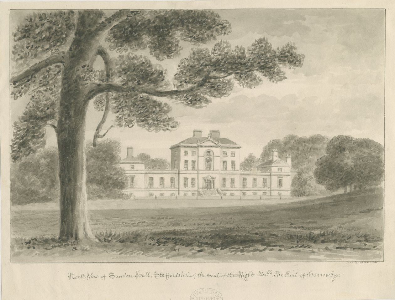 Sandon Hall: rysunek w sepii autorstwa John Chessell Buckler
