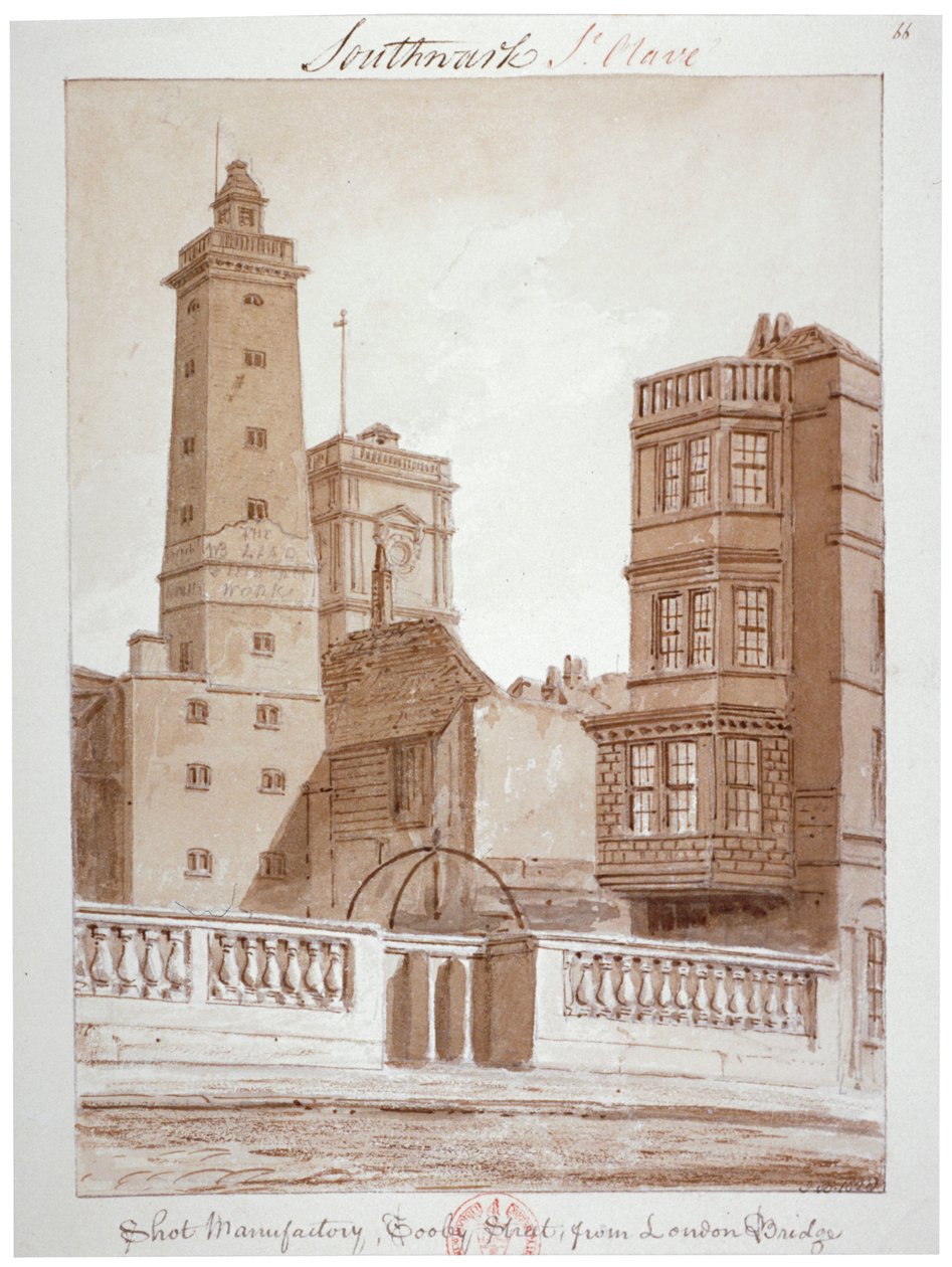 „Manufaktura strzałów, Tooley Street, z London Bridge”, Bermondsey, Londyn, 1828 r. autorstwa John Chessell Buckler