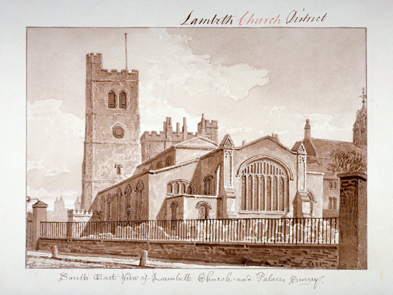 Południowo-wschodni widok kościoła St Mary, Lambeth, Londyn, 1828. autorstwa John Chessell Buckler