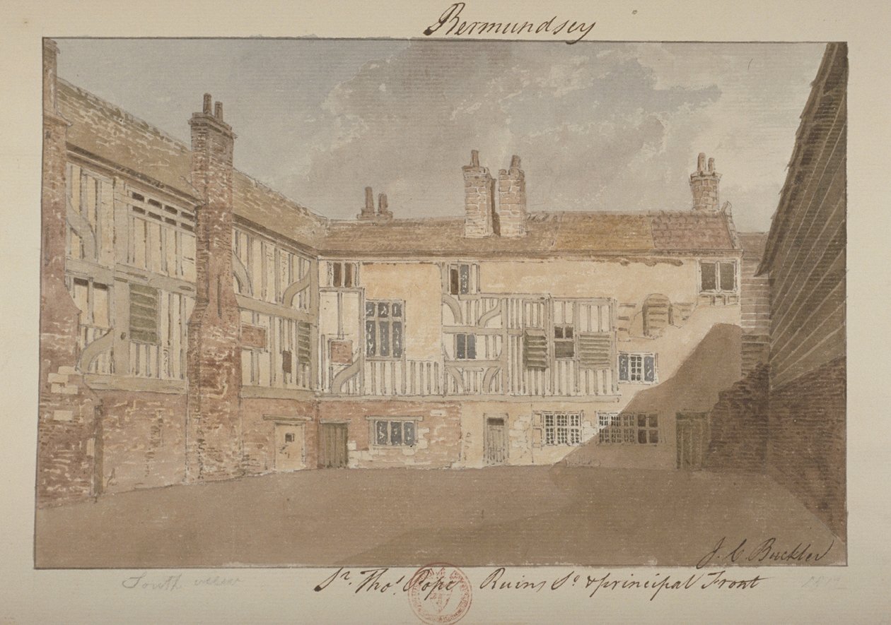 Widok południowy ruin Bermondsey House, 1827 autorstwa John Chessell Buckler