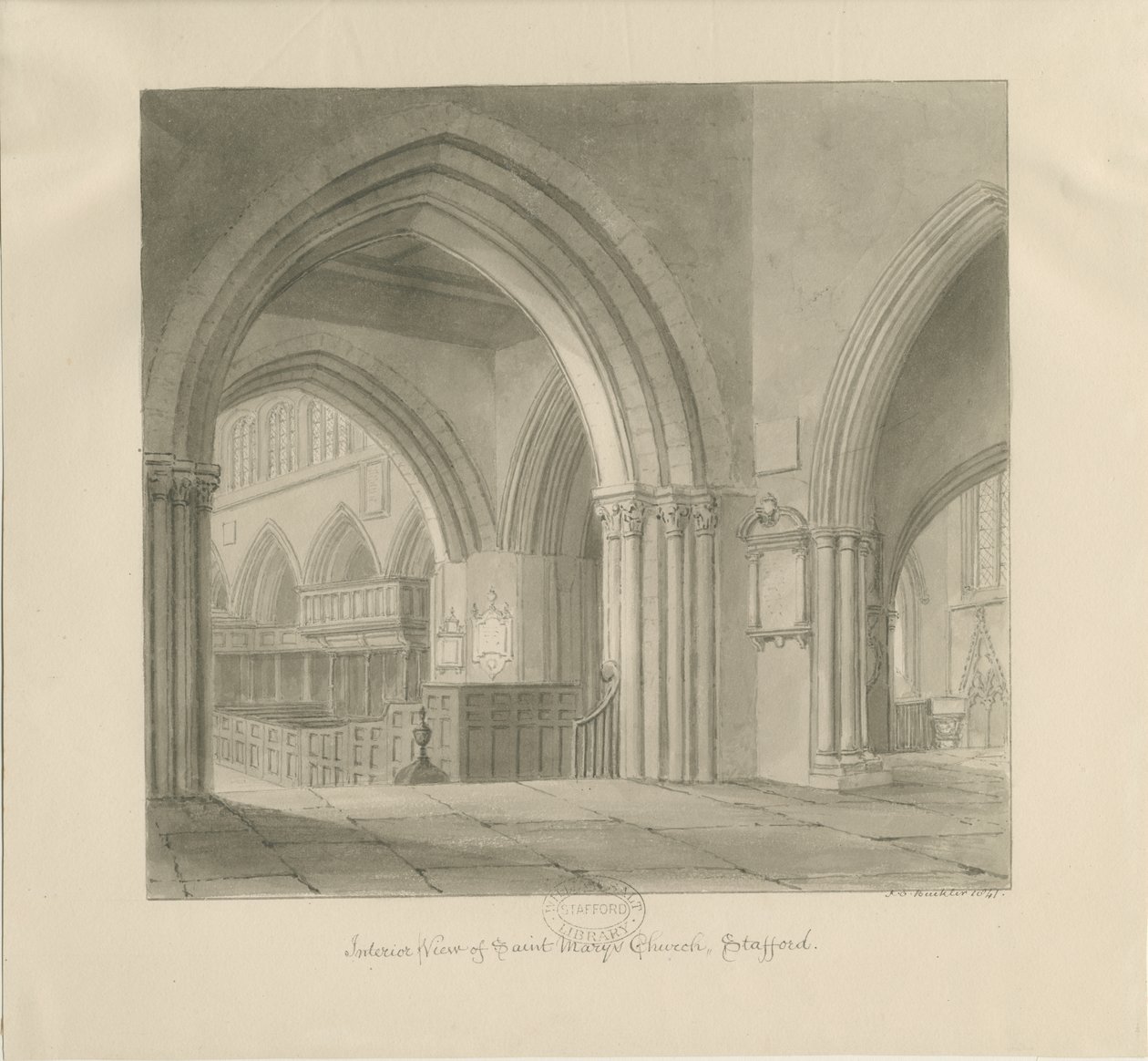 Stafford - Wnętrze kościoła Mariackiego: rysunek w sepii, 1841 r. autorstwa John Chessell Buckler