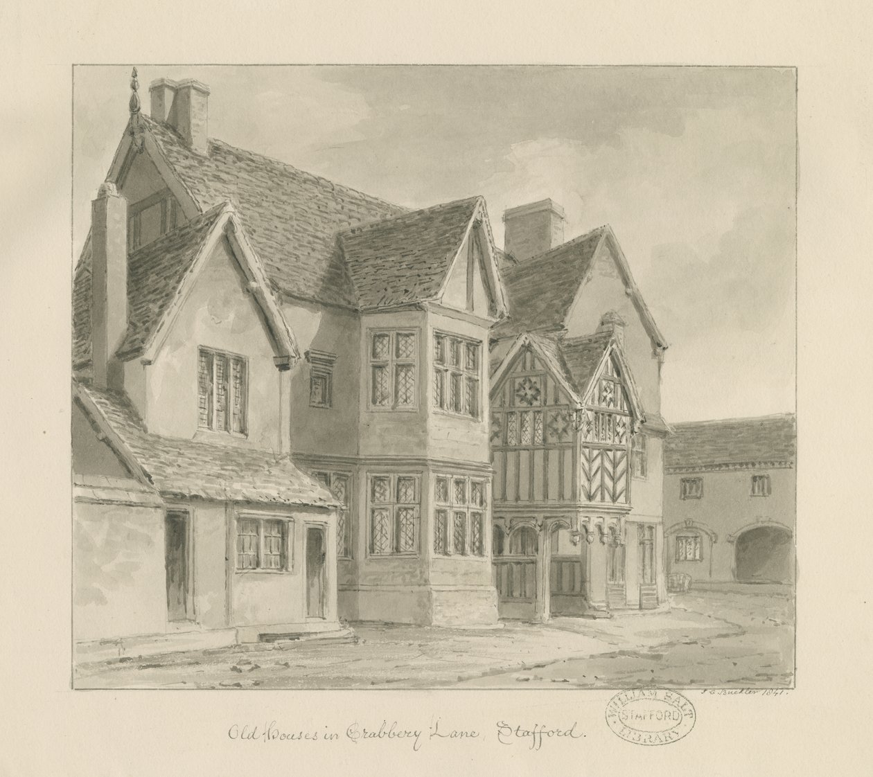 Stafford - Old Houses in Crabbery Lane: rysunek w sepii, 1841 autorstwa John Chessell Buckler
