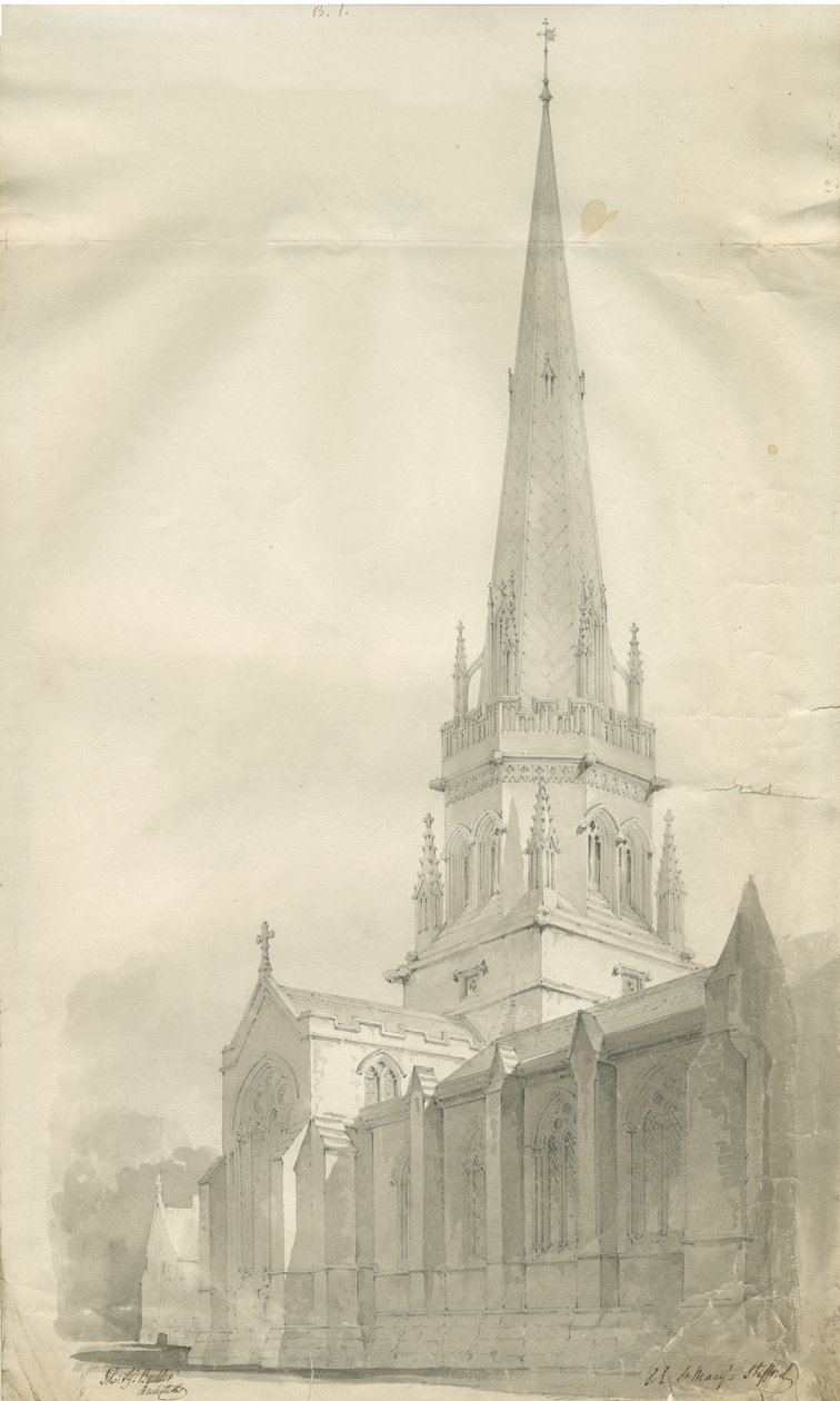 Stafford - Kościół Mariacki: rysunek w sepii, nd [1841] (rysunek) autorstwa John Chessell Buckler