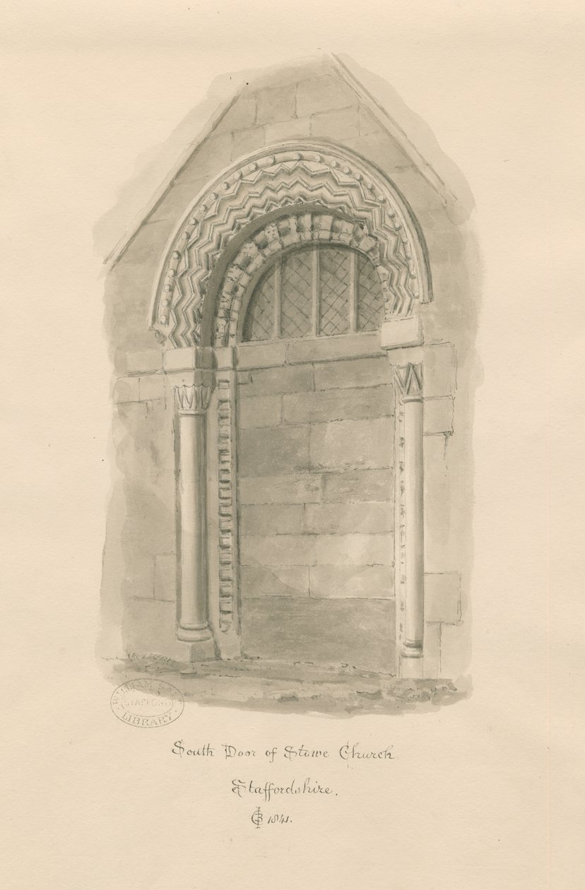 Stowe Church - południowe drzwi: rysunek w sepii autorstwa John Chessell Buckler