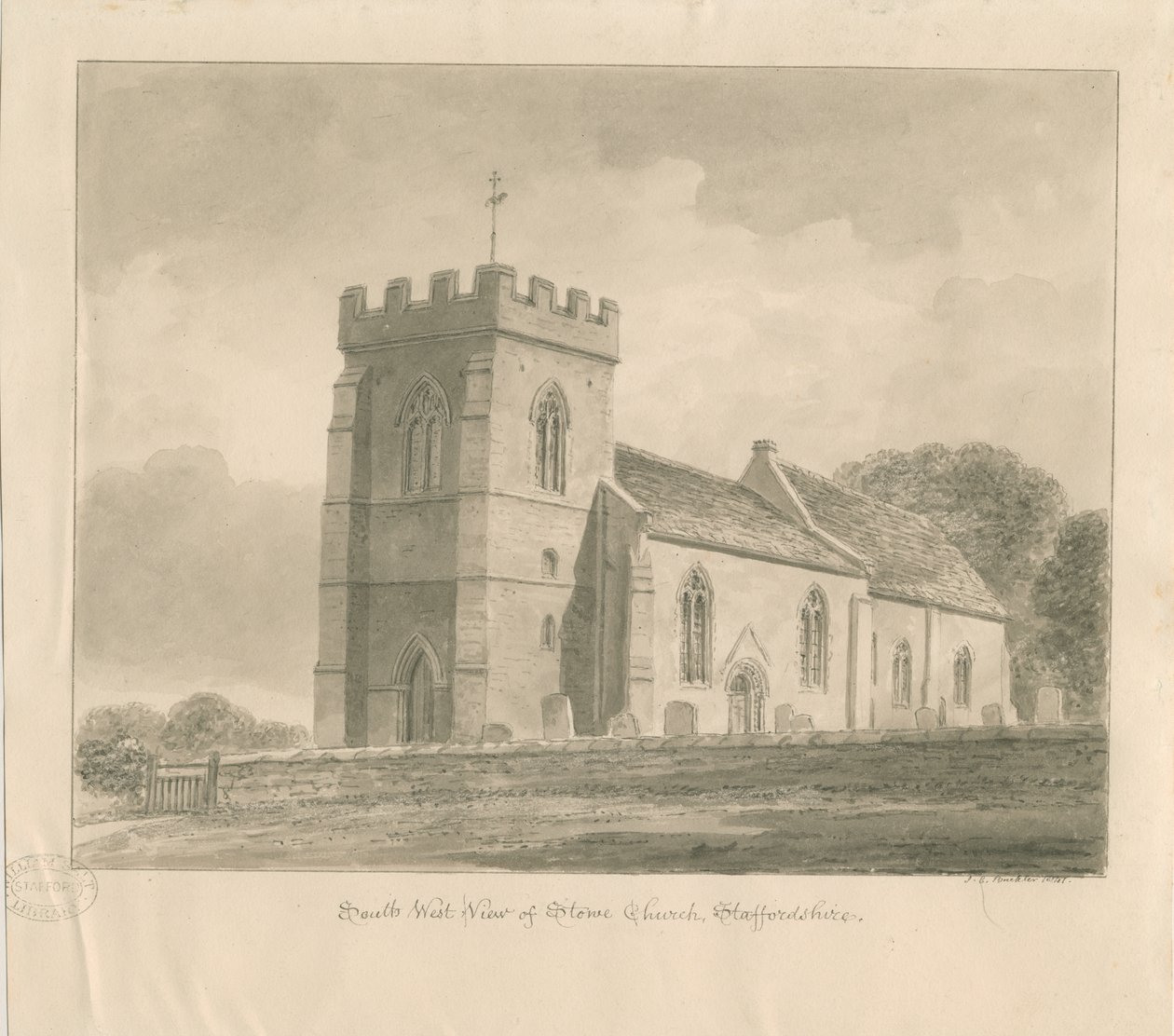 Stowe Church: rysunek w kolorze sepii autorstwa John Chessell Buckler