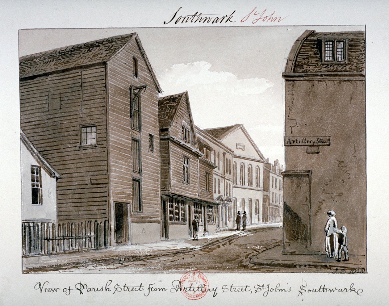 Widok Parish Street i Artillery Street, Bermondsey, Londyn, 1828 autorstwa John Chessell Buckler