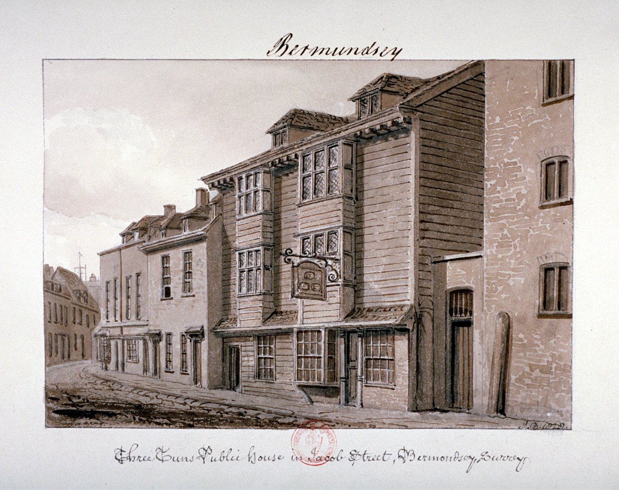 Widok na dom publiczny Three Tuns na Jacob Street, Bermondsey, Londyn, 1828 autorstwa John Chessell Buckler
