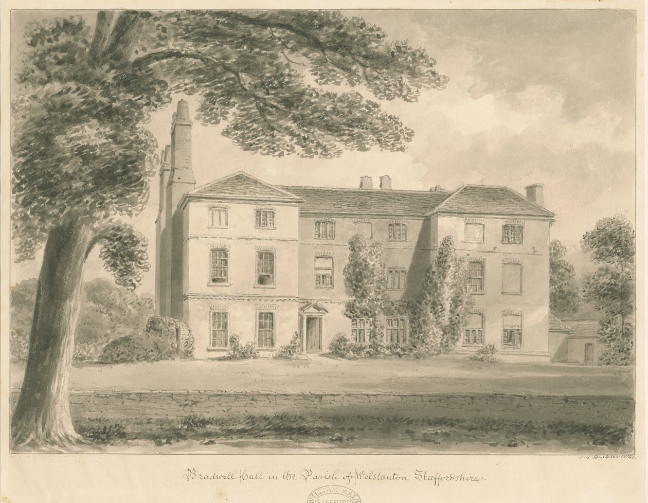 Wolstanton - Bradwell Hall: rysunek w sepii autorstwa John Chessell Buckler