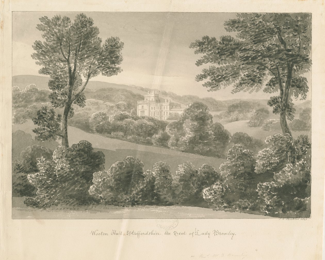 Wootton Lodge: rysunek w sepii, 1841 autorstwa John Chessell Buckler