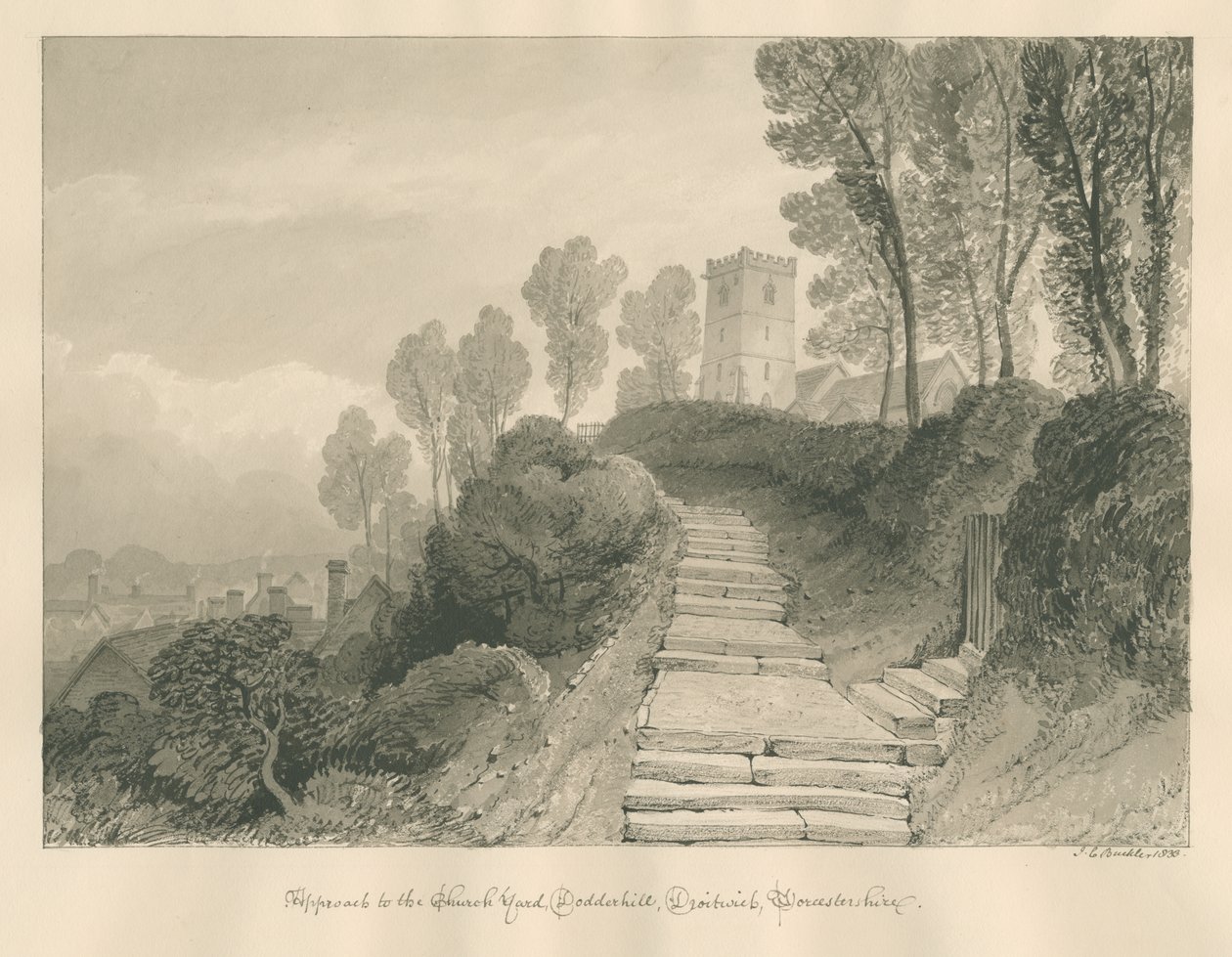 Worcestershire – Droitwich – Kościół Dodderhill: rysunek w sepii, 1833 autorstwa John Chessell Buckler