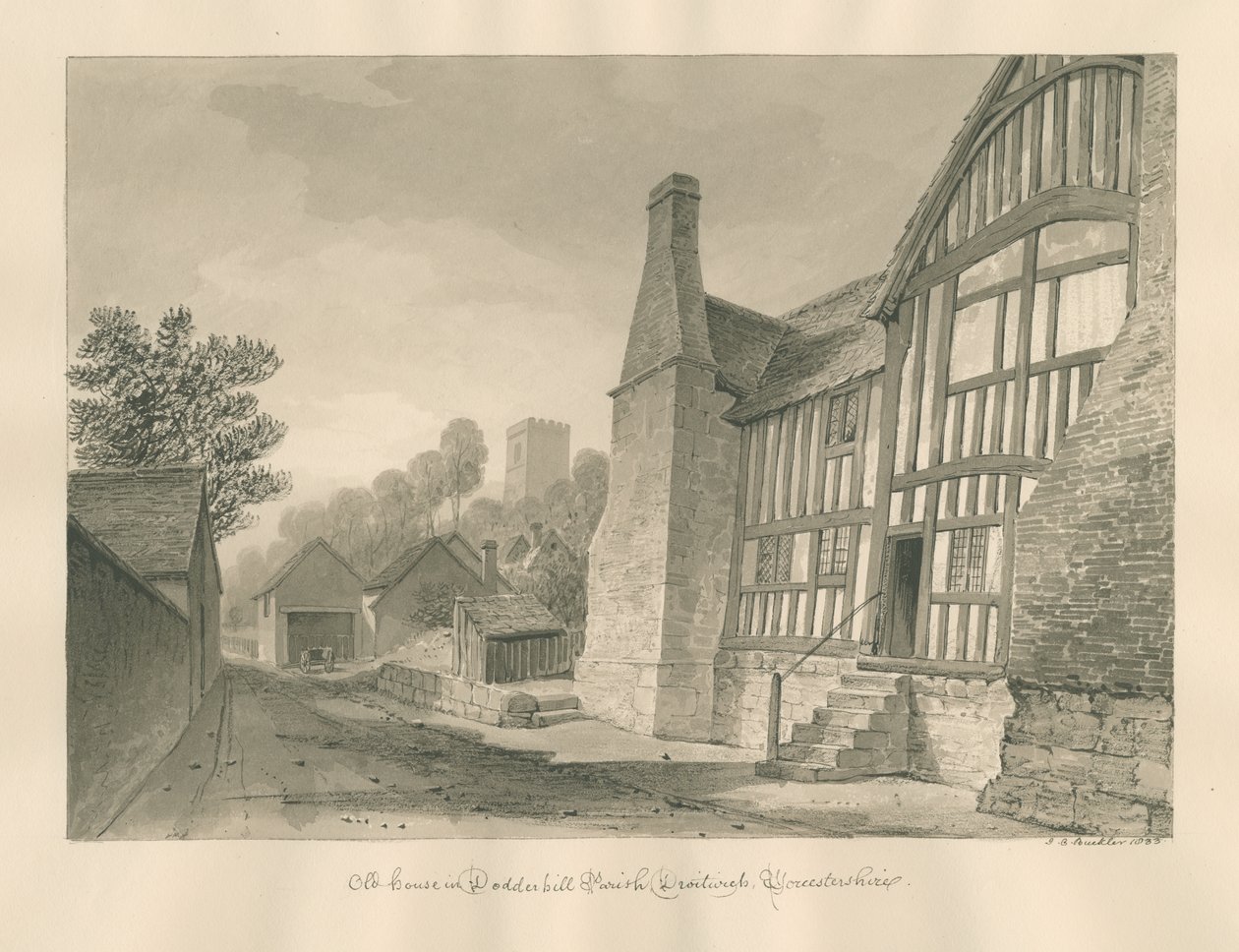 Worcestershire - Droitwich - Dodderhill Old House: rysunek w sepii autorstwa John Chessell Buckler