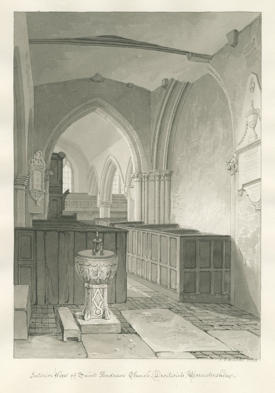 Worcestershire - Droitwich - Wnętrze kościoła św. Andrzeja: rysunek w sepii, 1833 autorstwa John Chessell Buckler