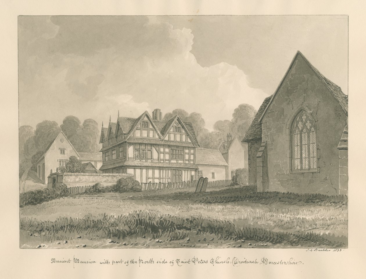 Worcestershire - Droitwich - Starożytna rezydencja kościoła św. Piotra: rysunek w sepii, 1833 autorstwa John Chessell Buckler