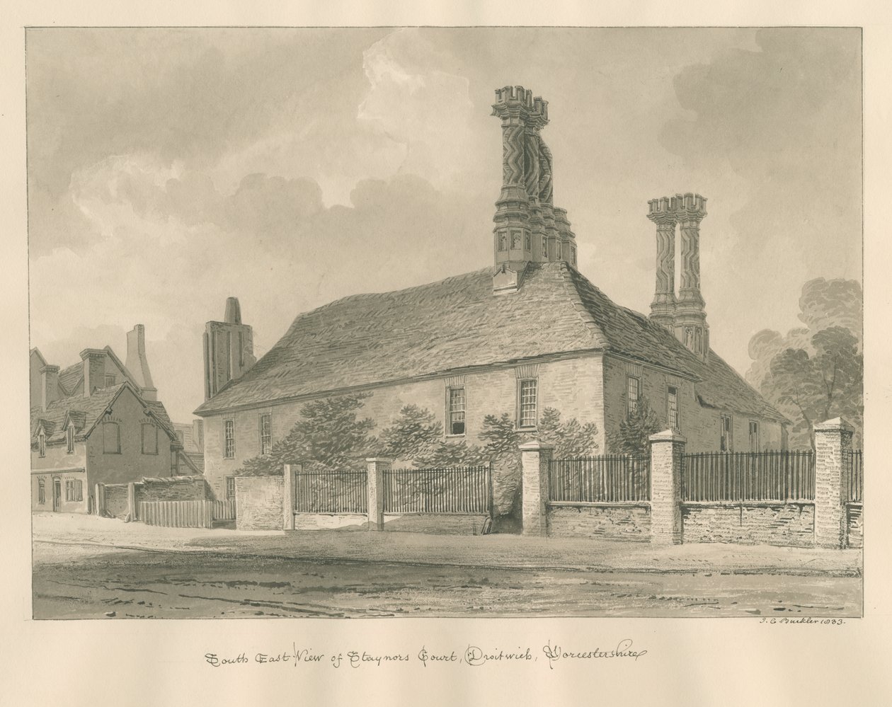 Worcestershire - Droitwich - Staynors Court: rysunek sepii, 1833 autorstwa John Chessell Buckler