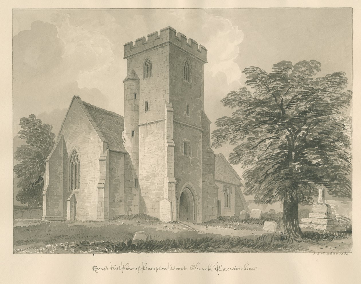 Worcestershire – Kościół Hampton Lovett: rysunek w sepii, 1833 autorstwa John Chessell Buckler