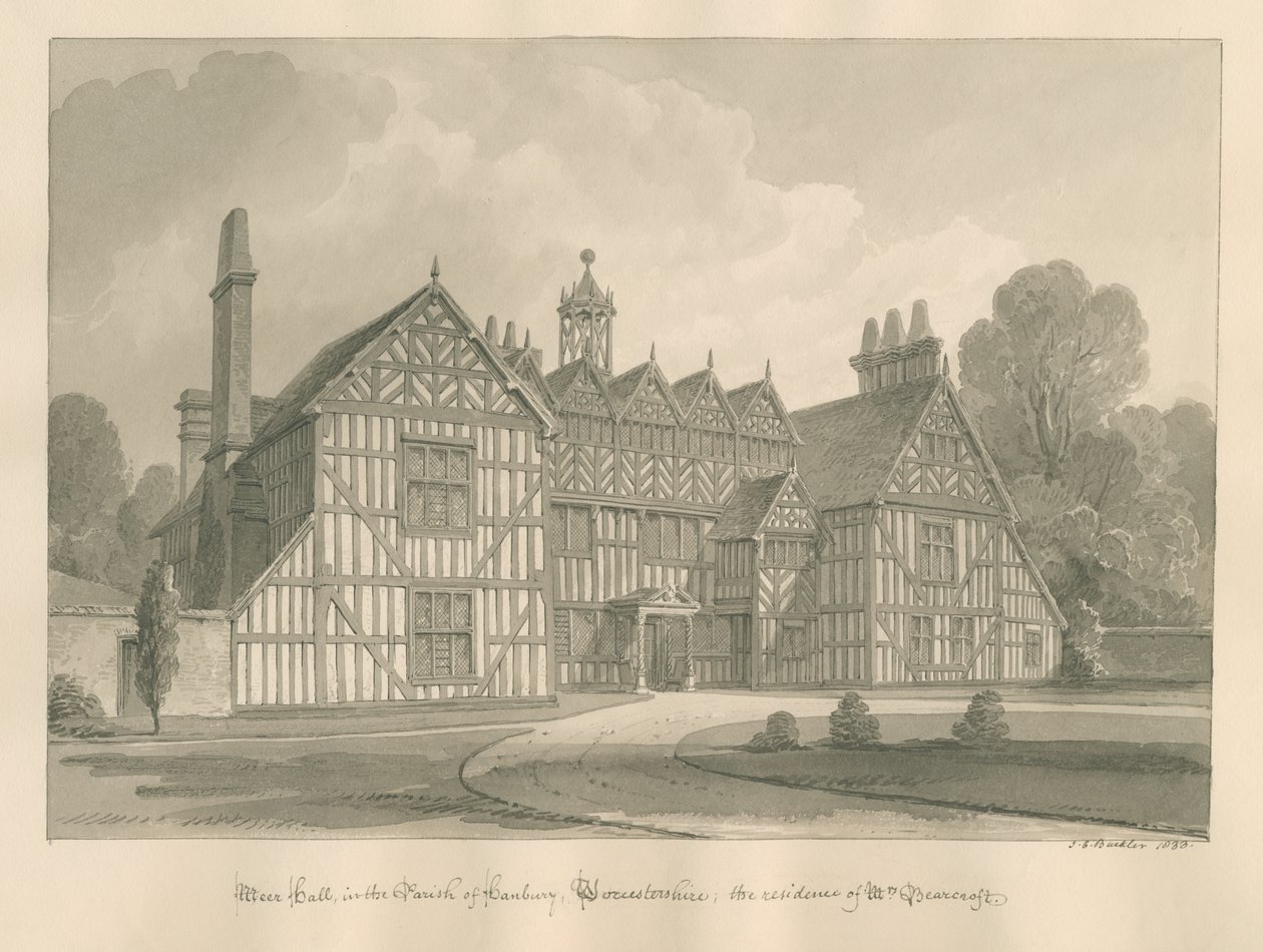 Worcestershire - Hanbury - Meer Hall: rysunek w sepii autorstwa John Chessell Buckler