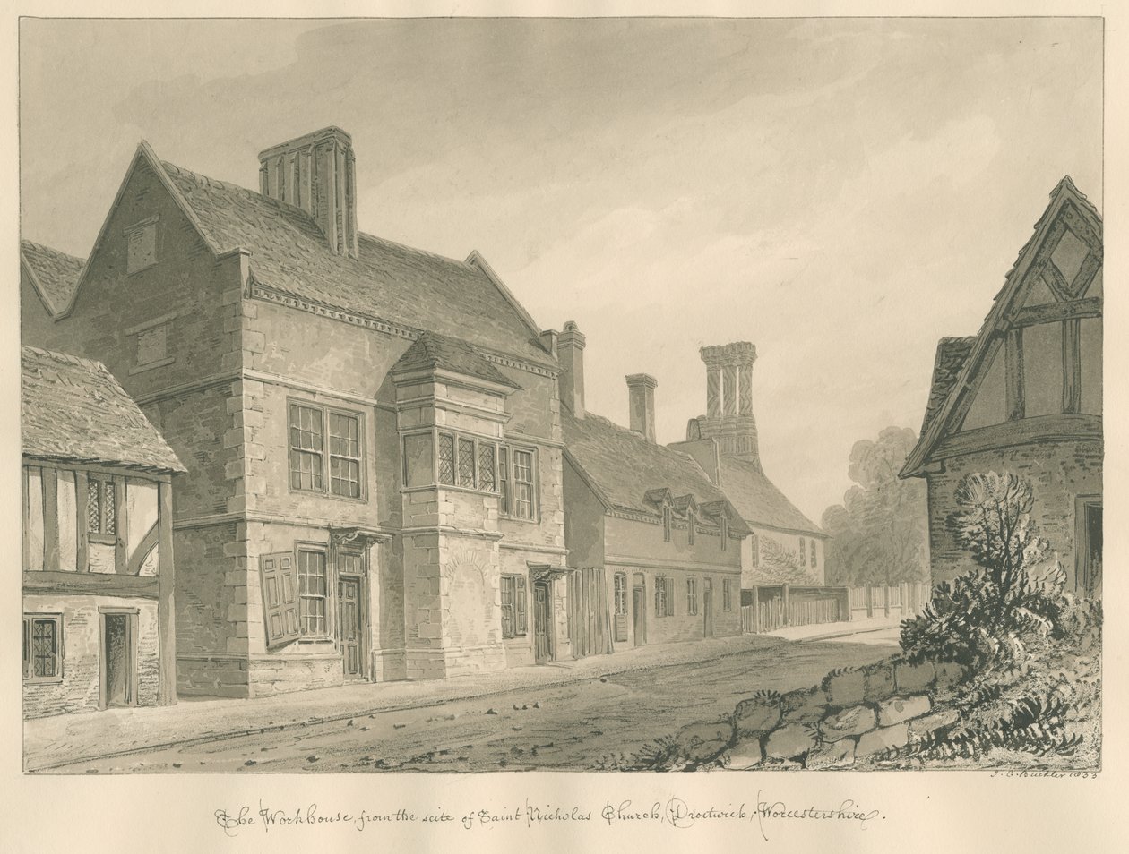 Worcestershire - Droitwich - Przytułek: rysunek w sepii autorstwa John Chessell Buckler