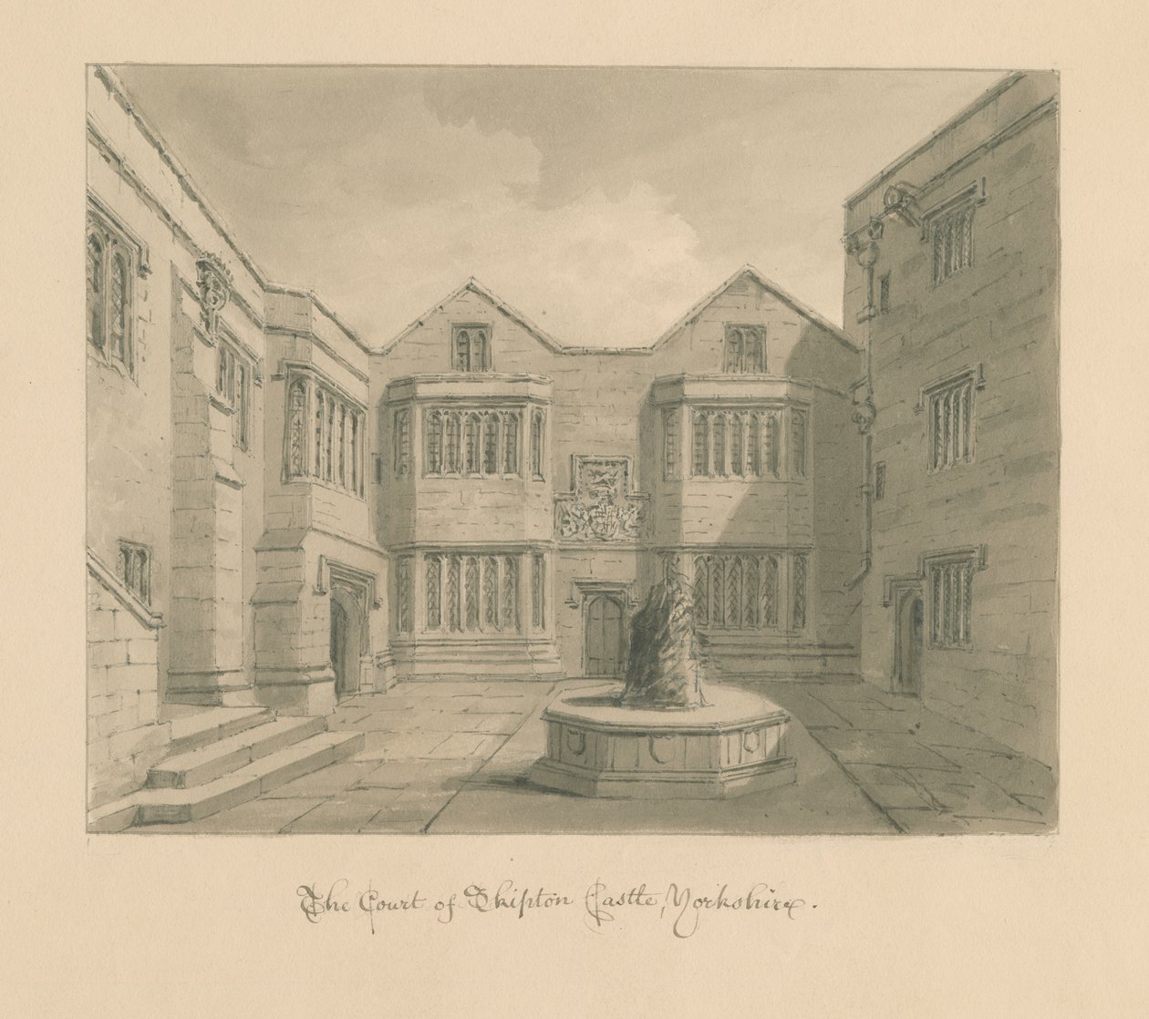 Yorkshire - Zamek Skipton: rysunek w sepii autorstwa John Chessell Buckler