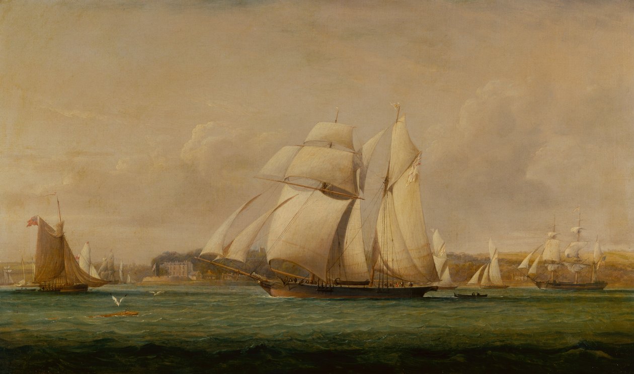 Szkuner Top Sail, dwa kutry Royal Yacht Squadron i amerykański statek handlowy (ropa naftowa) autorstwa John Christian Schetky