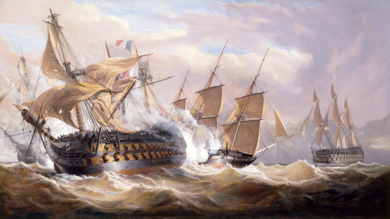 Guillaume Tell zajęty przez H.M.S.Penelope i H.M.S Loin of Malta podczas blokady, 30 marca 1800 (olej na płótnie) autorstwa John Christian Schetky