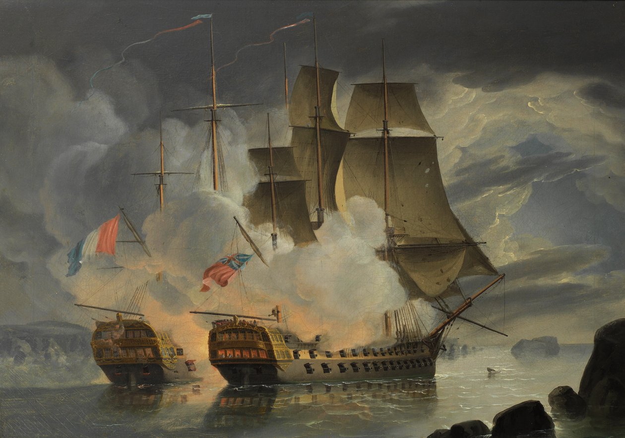 Zaciekła akcja pomiędzy H.M.S. Mars i francuskim "74 Hercule" u wybrzeży Brestu 21 kwietnia 1798 r. autorstwa John Christian Schetky