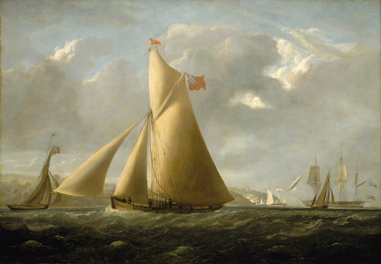 Jacht żaglowy "Gazelle" u wybrzeży Cowes (Isle of Wight, Anglia), zbudowany w 1821 r., przeznaczony do wyścigów szybkich. Olej na płótnie, około 1825 roku, autorstwa Johna Christiana Schetky