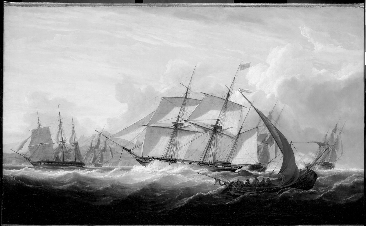 Statek HMS "Columbine" i inne łodzie u wybrzeży Lizbony (Portugalia). olej na płótnie autorstwa John Christian Schetky