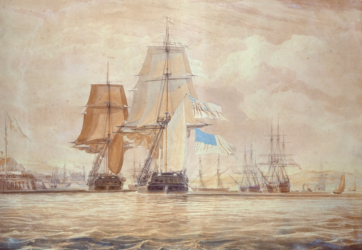 HMS „Shannon” prowadzący „Chesapeake” do portu Halifax, 1813 autorstwa John Christian Schetsky