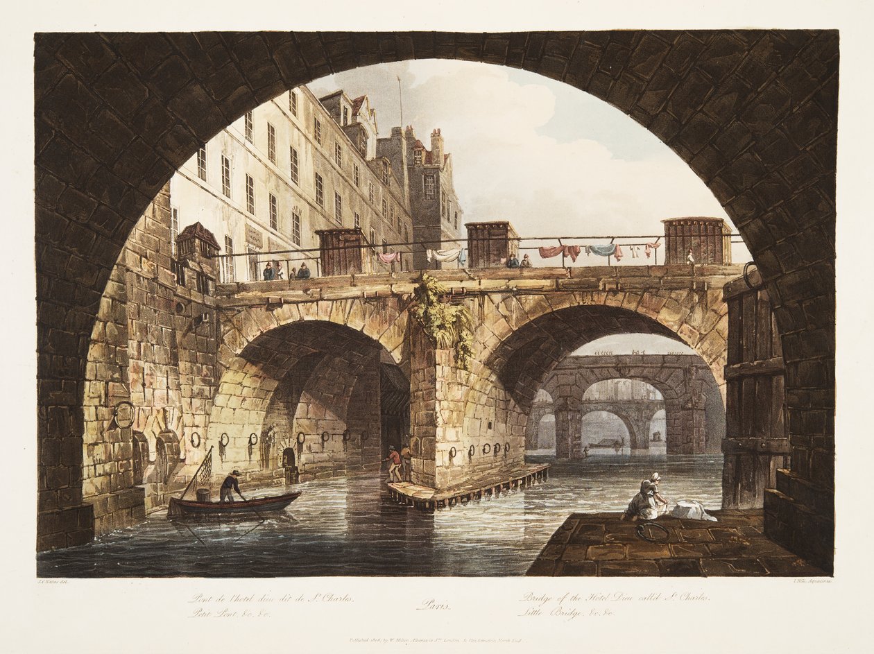 Most hotelu Dieu zwany St Charles, Little Bridge, ilustracja z Wersalu, Paryża i Saint Denis, pub. 1806 (akwatinta) autorstwa John Claude Nattes