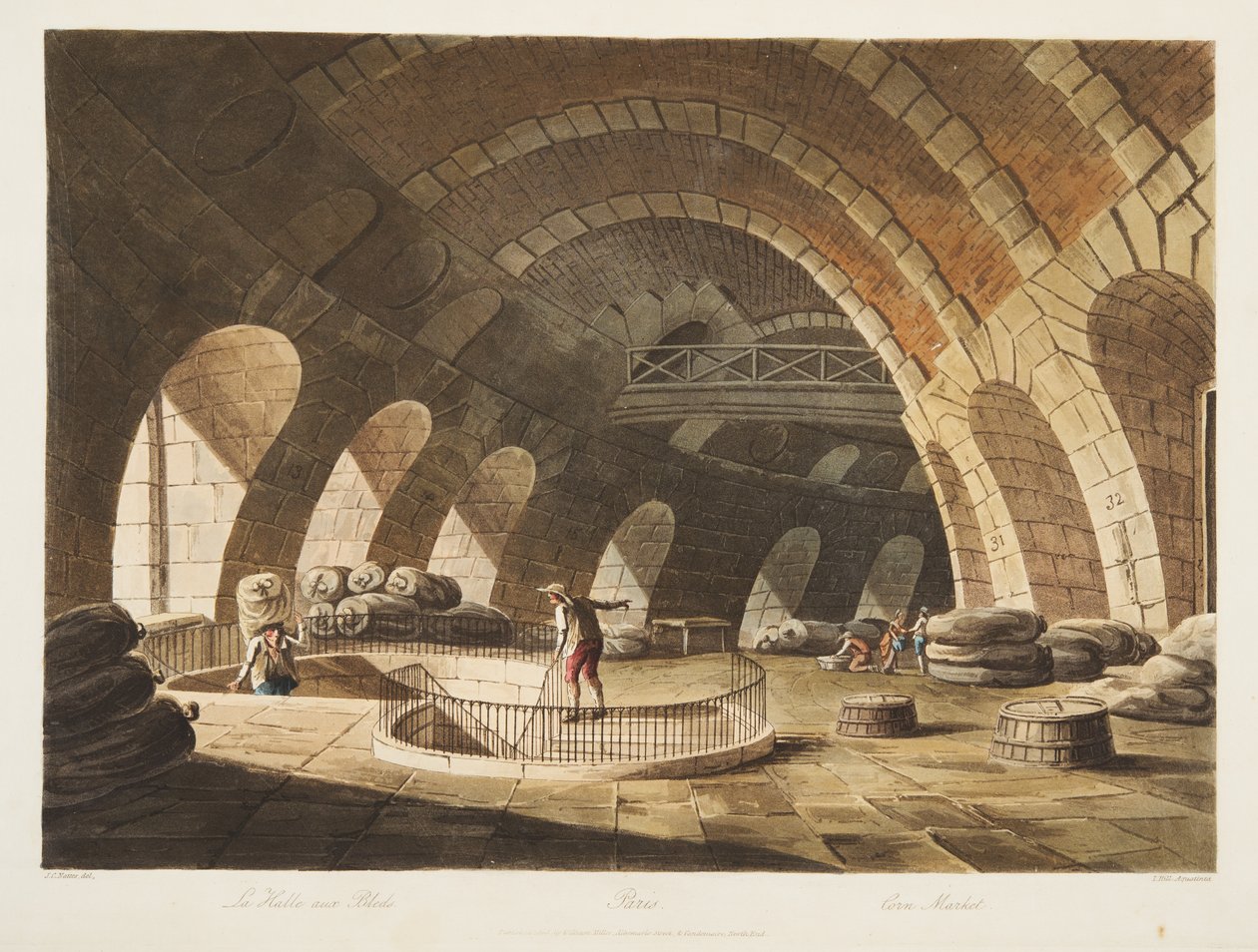 Targ kukurydziany, ilustracja z Wersalu, Paryża i Saint Denis, wyd. 1805 (akwatinta) autorstwa John Claude Nattes